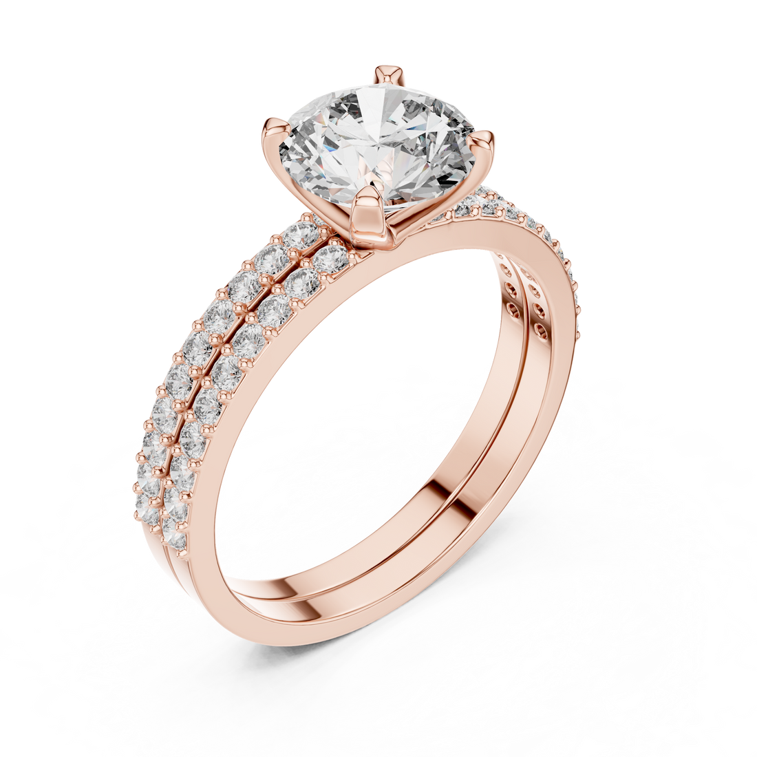 14K / 18K Rose Gold Solitaire Lab-Grown Diamond Ring with Double Diamond Band