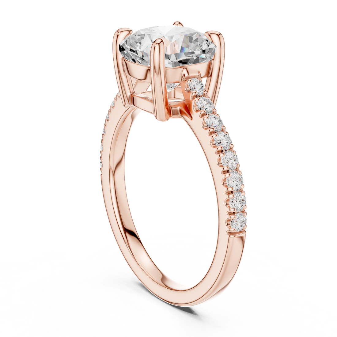 14K / 18K Rose Gold Solitaire Lab-Grown Diamond Ring with Pavé Band