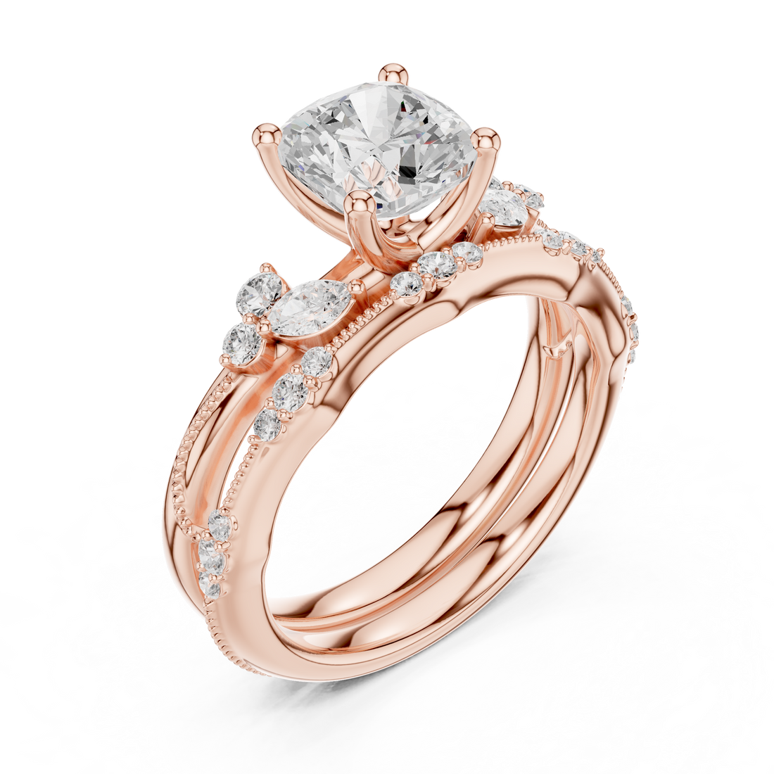 IGI Certified Round Solitaire Lab-Grown Diamond Ring with Side Stones | 14K & 18K Rose Gold | Kiashaa Jewellery