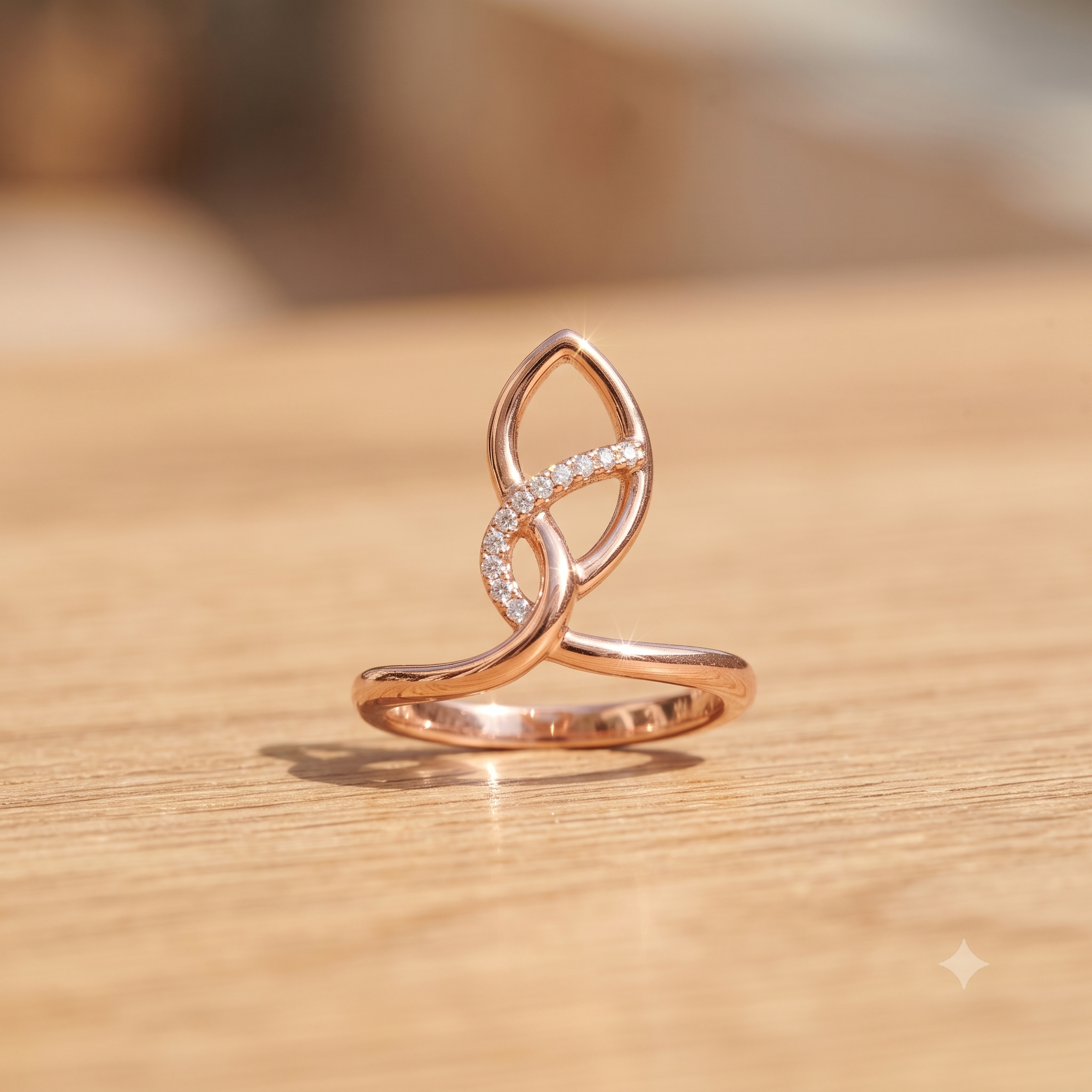 A rose gold ring with a stylized knot design and a curved section paved with small clear stones, resting on a light wood surface.