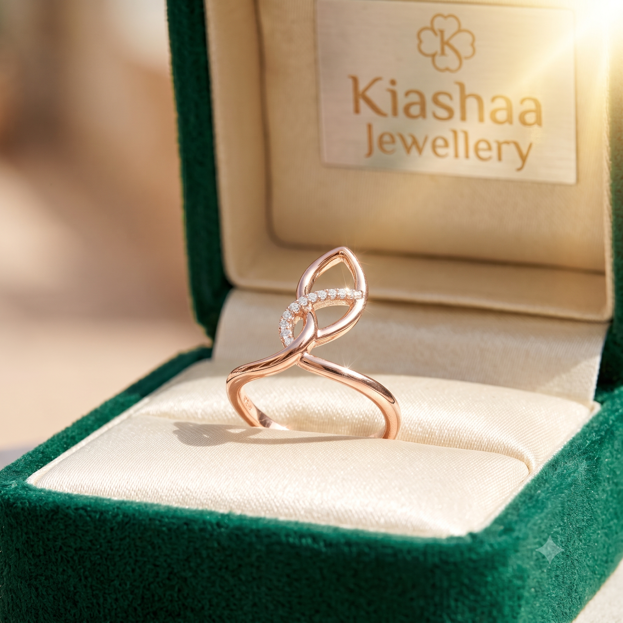 A twisted rose gold ring with a curved row of small clear stones, displayed in an open dark green jewelry box with a cream interior. The inside lid shows the brand name 'Kiashaa Jewellery'.