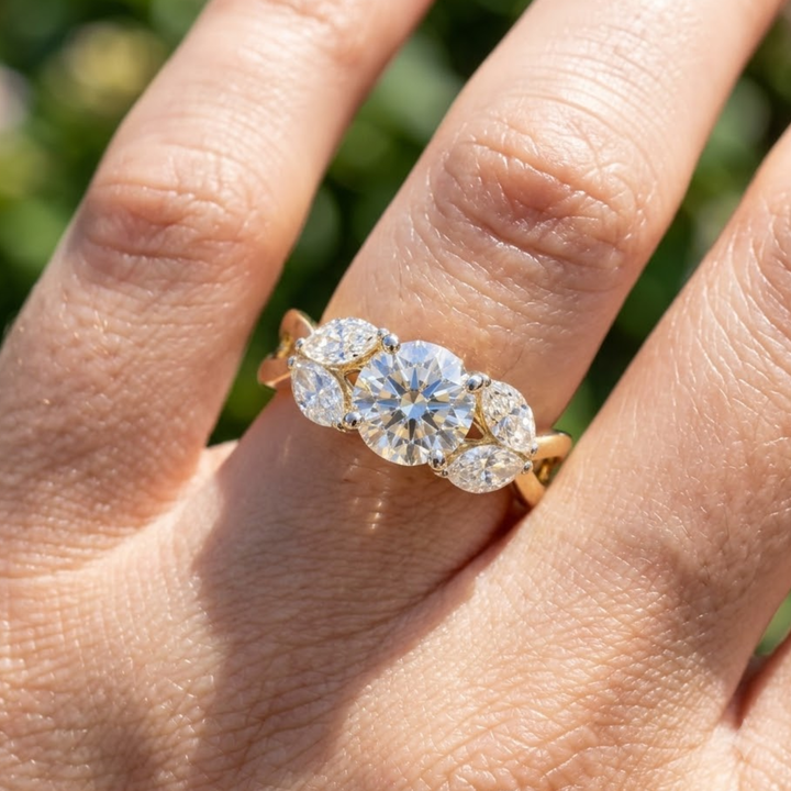 Cushion & Pear Diamond Floral Cluster Ring in 9K, 14K & 18K Gold