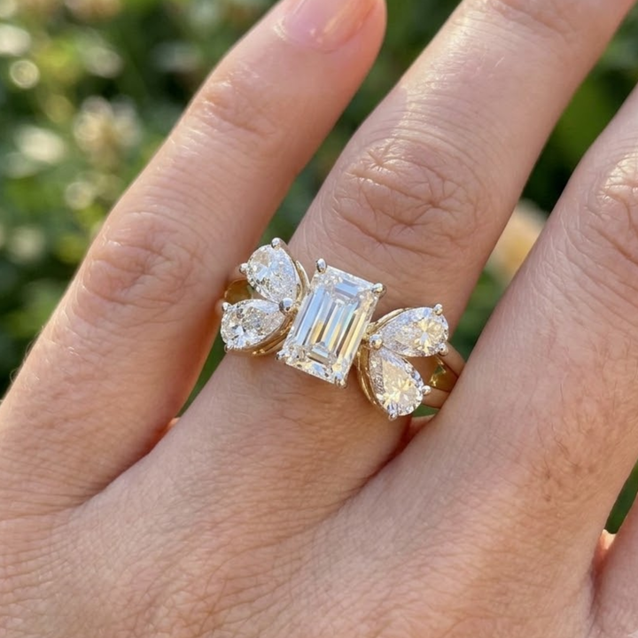 Radiant & Pear Diamond Floral Cluster Ring in 9K, 14K & 18K Gold