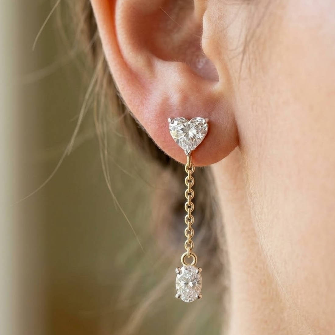 Heart & Oval Diamond Drop Earrings in 9K, 14K & 18K Gold
