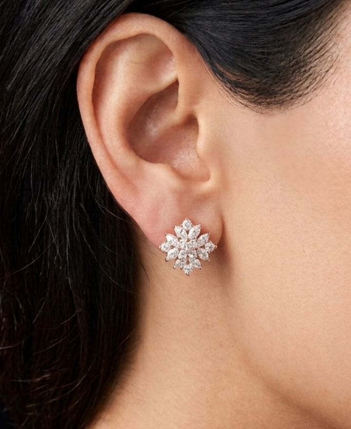 Rose gold 2.600 CTW marquise and round lab-grown diamond floral stud earrings by Kiashaa Jewellery.