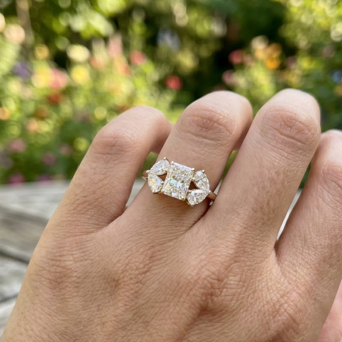 Radiant & Pear Diamond Floral Cluster Ring in 9K, 14K & 18K Gold