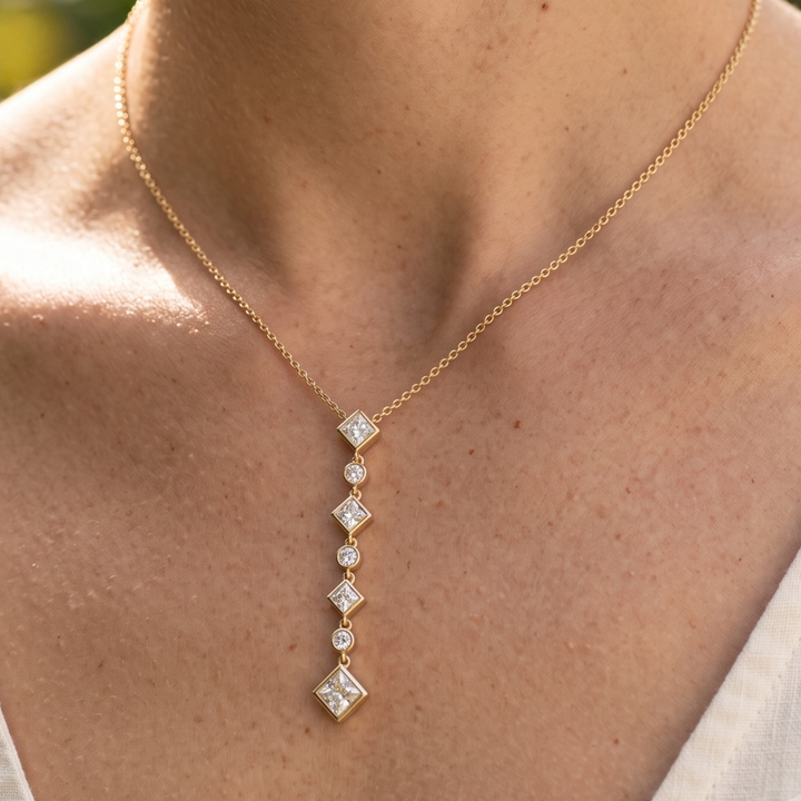 5.32 CTW Princess & Round Diamond Drop Necklace in 9K, 14K & 18K Gold