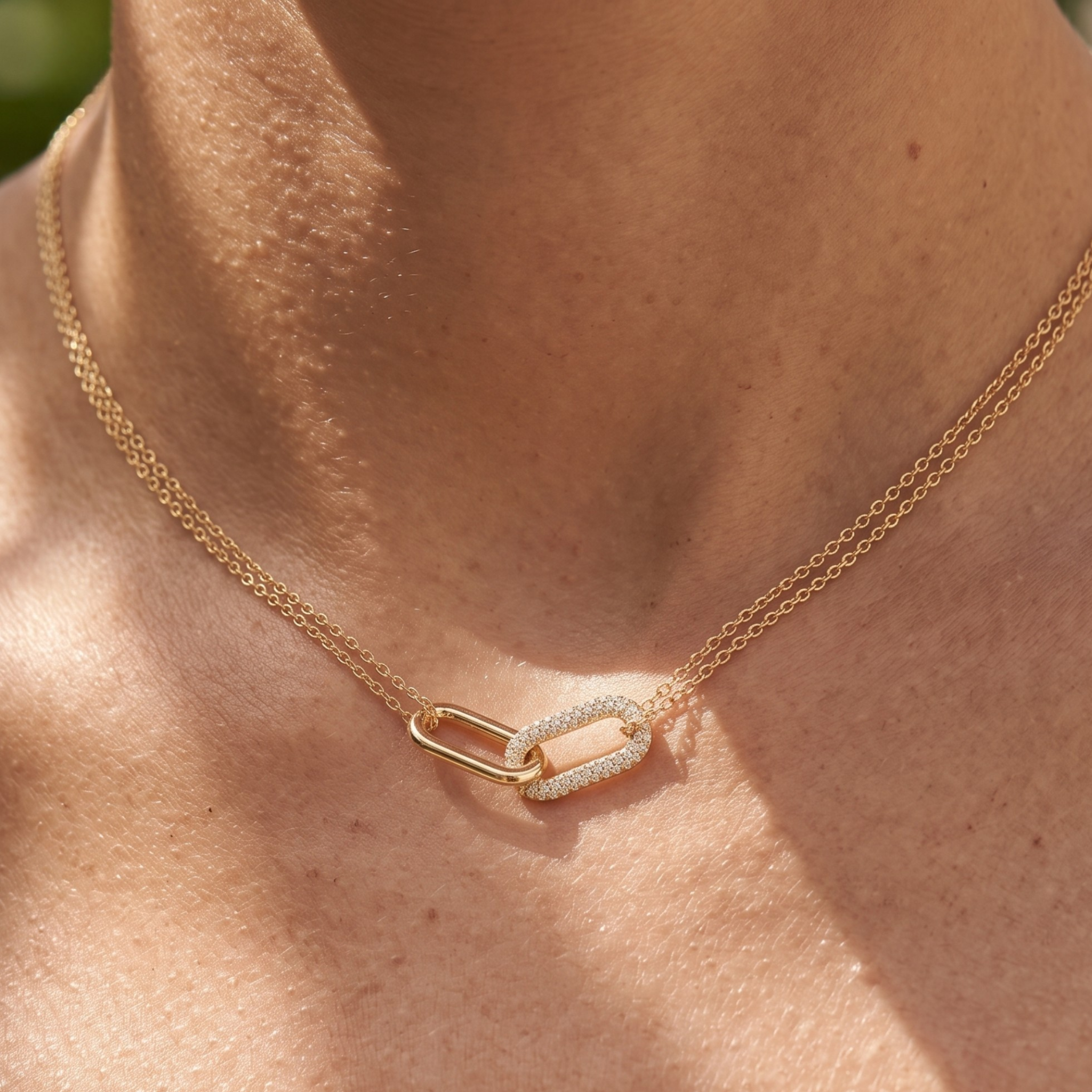 Eternal Link 0.40 CTW diamond necklace by Kiashaa Jewellery featuring interlocking elongated links in yellow gold.