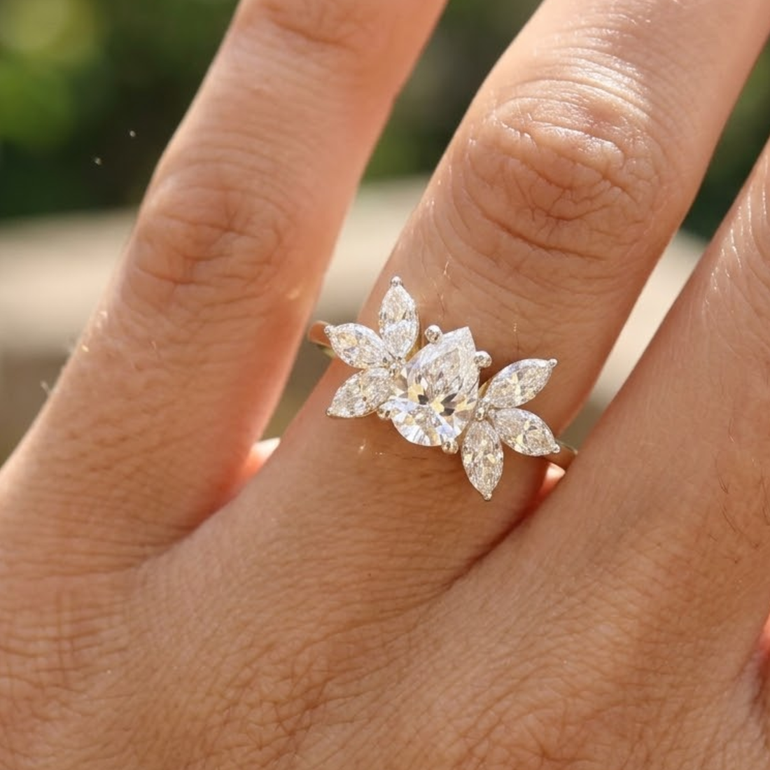 Pear & Marquise Diamond Floral Cluster Ring in 9K, 14K & 18K Gold