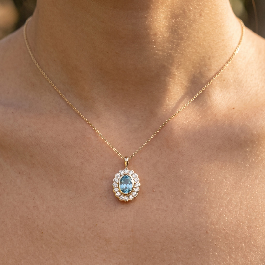 Azure Bloom 1.24 CTW Oval Blue Gemstone Halo Pendant Necklace in 9K, 14K & 18K Gold