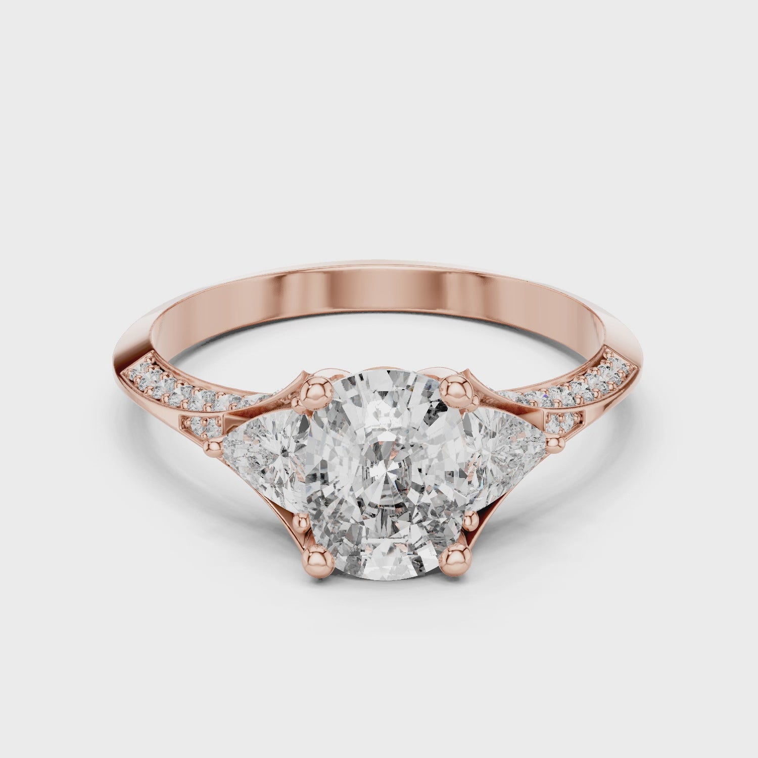 Teardrop Diamond Ring with Trillion Side Stones in 14K/18K Rose Gold
