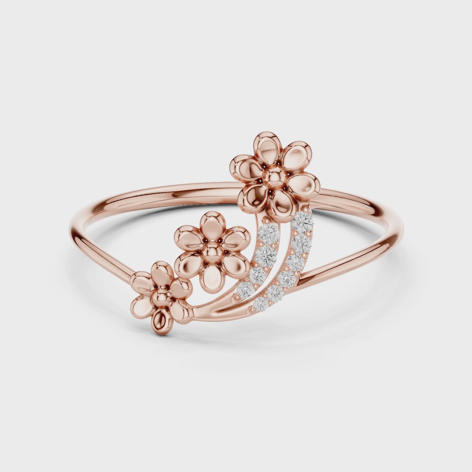 Rose Gold Floral Diamond Ring – Elegant Dual Bloom Design for Women