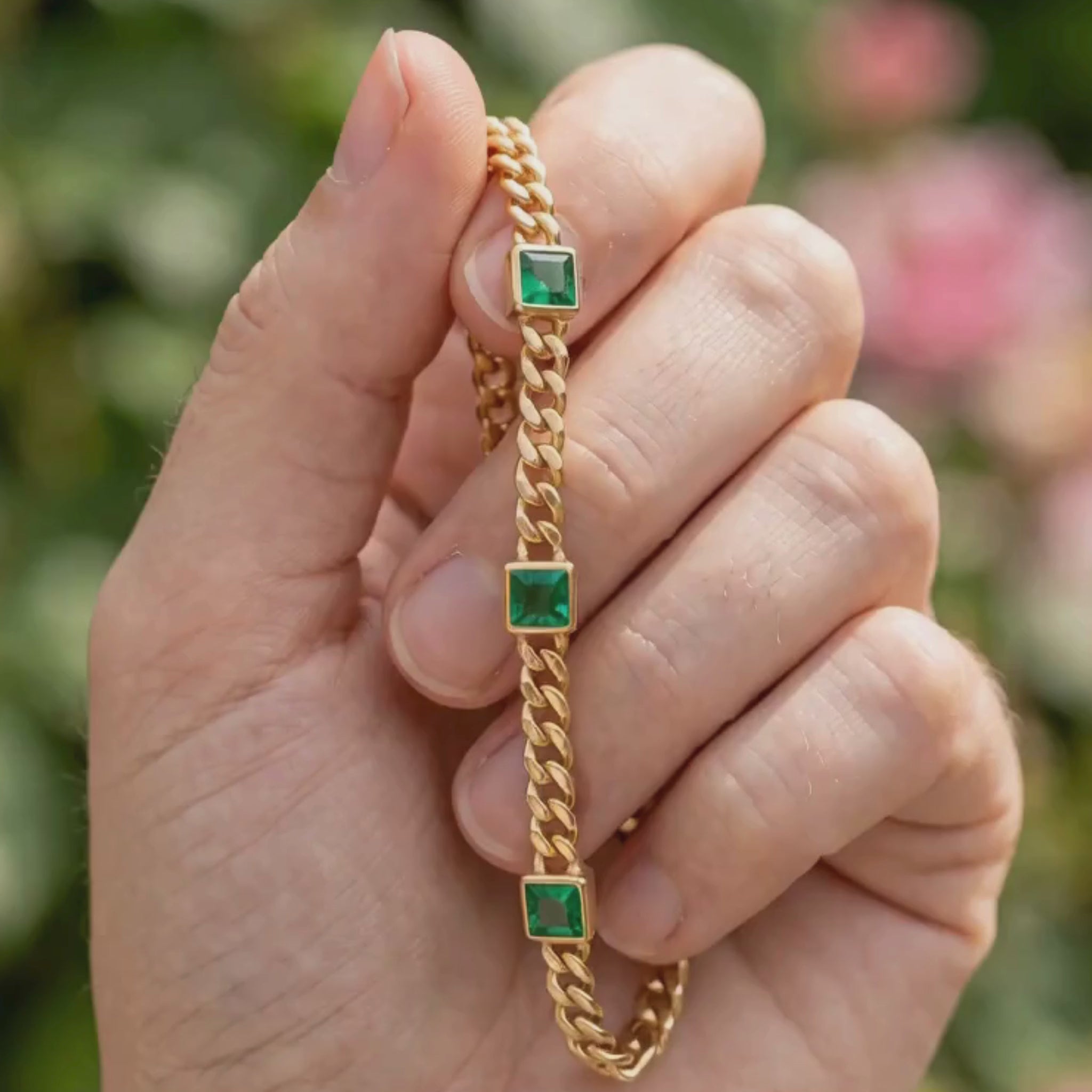 Kiashaa Jewellery 2.047 CTW green princess-cut Cuban bracelet in polished yellow gold.