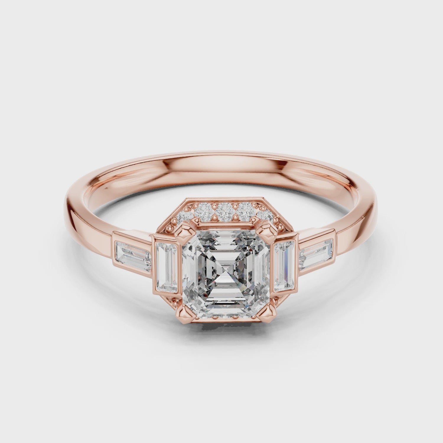 Elegant Asscher-Cut Diamond Ring with Baguette Side Stones in Rose Gold