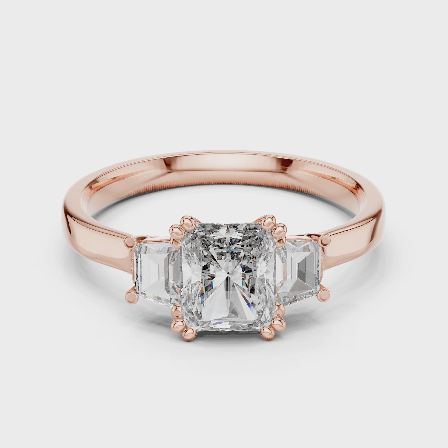 Radiant Cut Three Stone Diamond Ring in Rose Gold